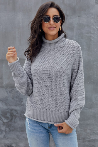 Gray Oversized Chunky Batwing Long Sleeve Turtleneck Sweater