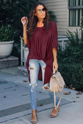 Red Twist Ruched Hi-low Hem Top