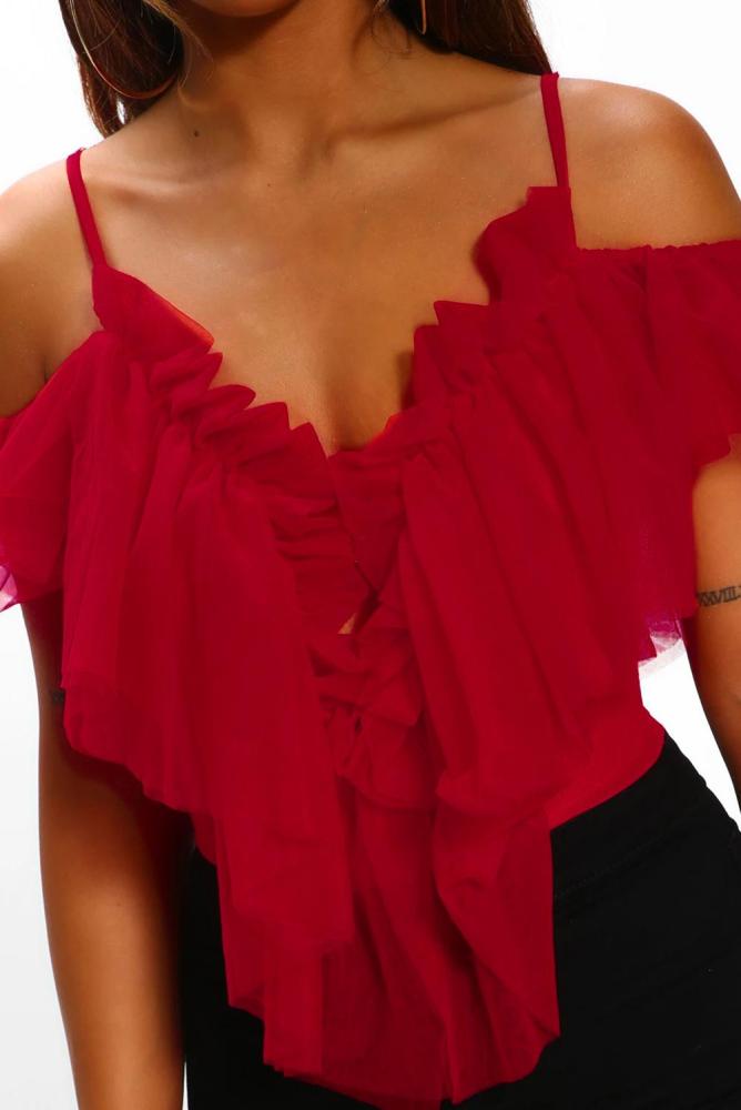 Red Tulle Mesh Thong Bodysuit