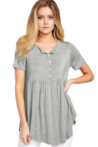 Gray Button Front Babydoll Flowy Tee Top with Pleats