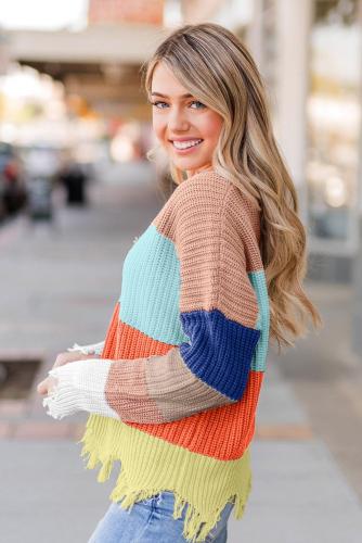 Apricot Colorblock Distressed Sweater