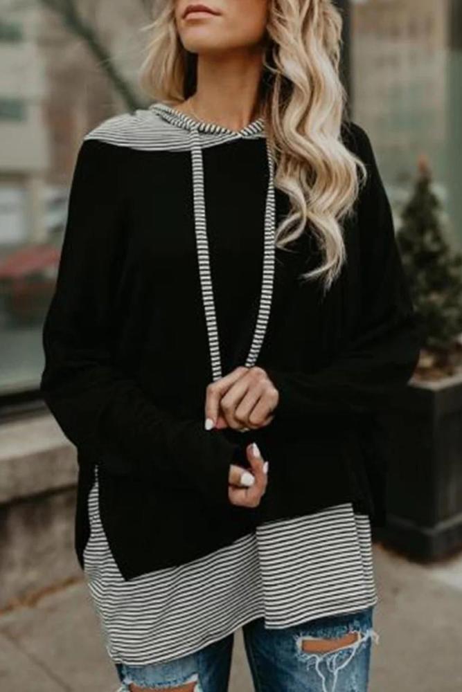 Black Striped Stitching Long Sleeve Hoodie