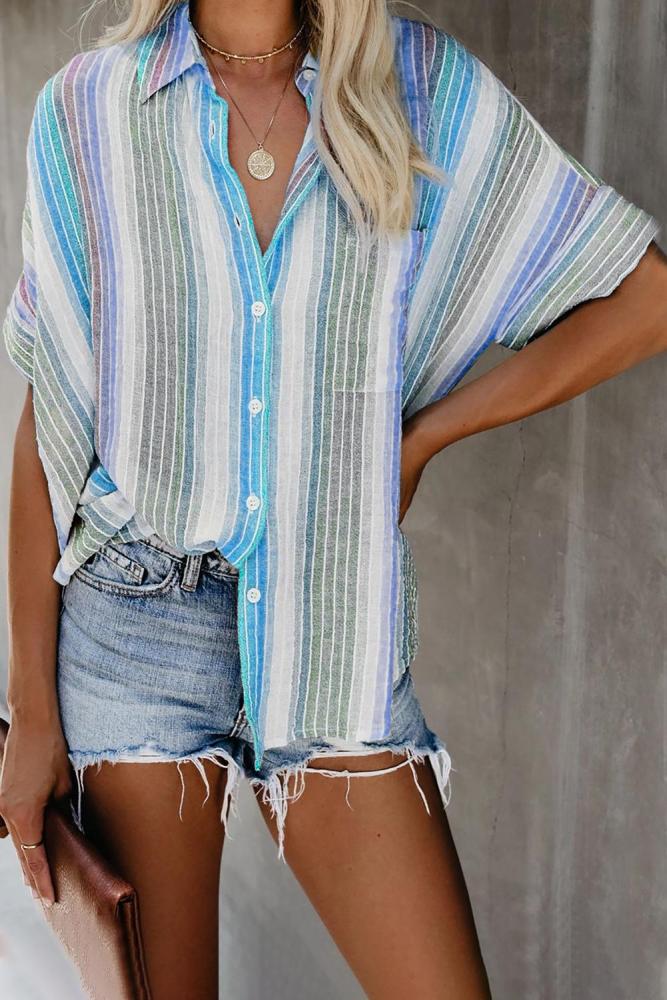 Bluish Happier With You Striped Button Down Top
