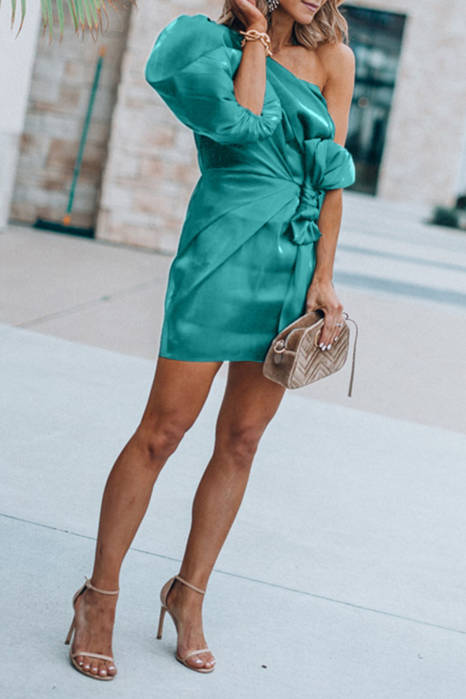 Sloping Shoulder Lantern Sleeve Satin Party Dress