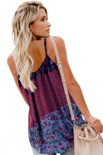 Purple Spaghetti Straps V Neck Print Tank Top