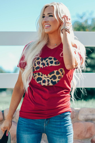 Red Modern Vintage Boutique Kiss On The Face Leopard Lip Tee