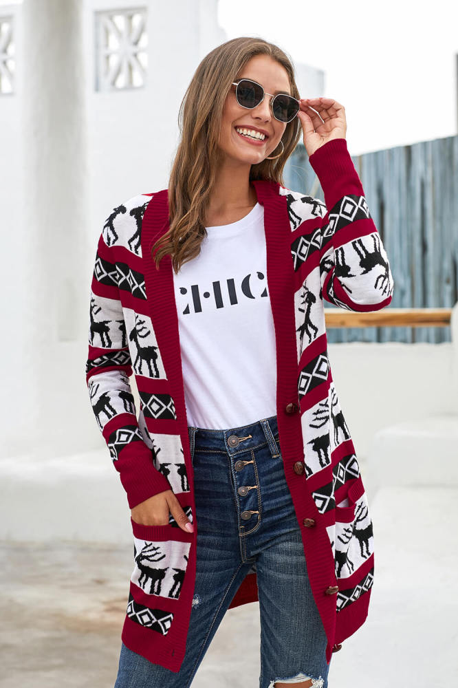 Red Elk Printed Long Sleeves Knitting Mid-length Christmas Cardigan