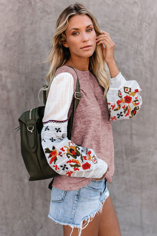 Pink Contrast Printed Sleeve Knit Sweatshirts