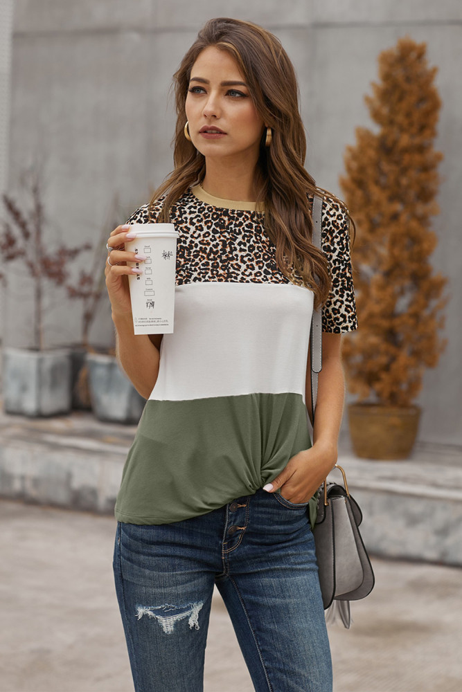 Green Color Block Leopard Tee