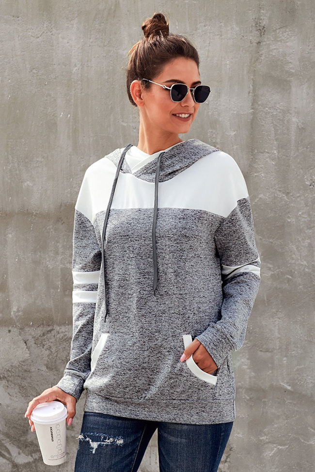 Gray Color Block Pullover Hoodie with Pocket