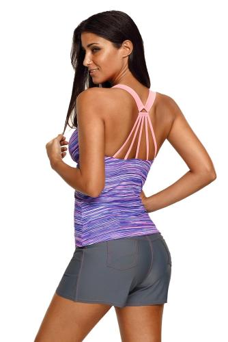 Purple Padded Wide Strap Printed Tankini Swimsuit