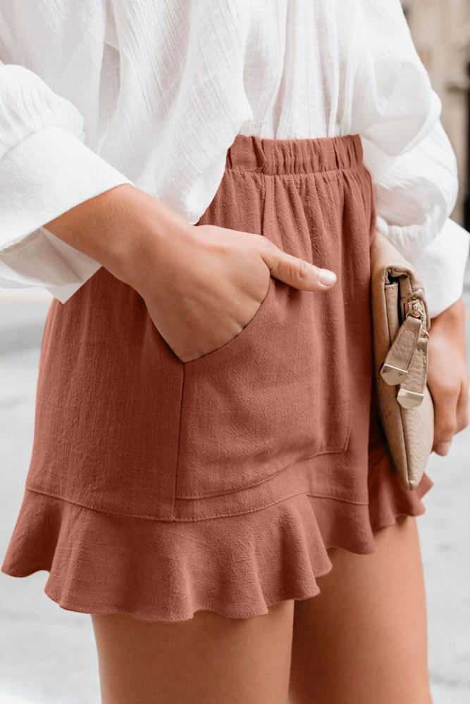 Rust Red Linen Cotton Pocketed Flutter Shorts