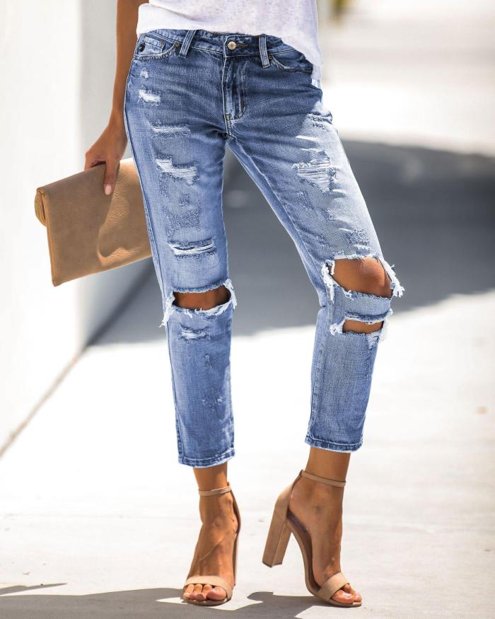 Water Wash Distressed Hole Denim Jeans