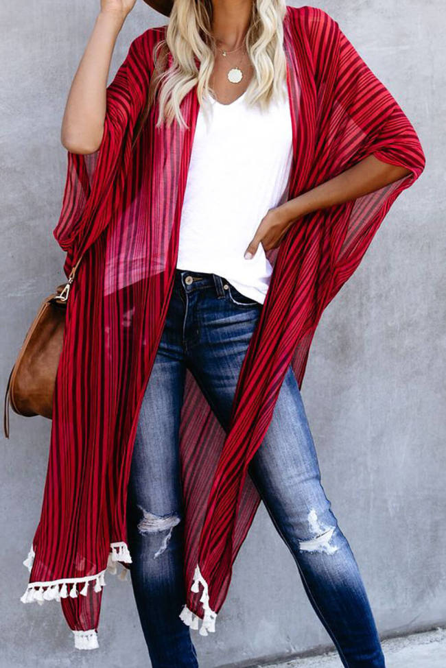 Red Striped Tassel Kimono