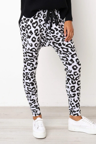 White Leopard Print Drop Crotch Casual Pants