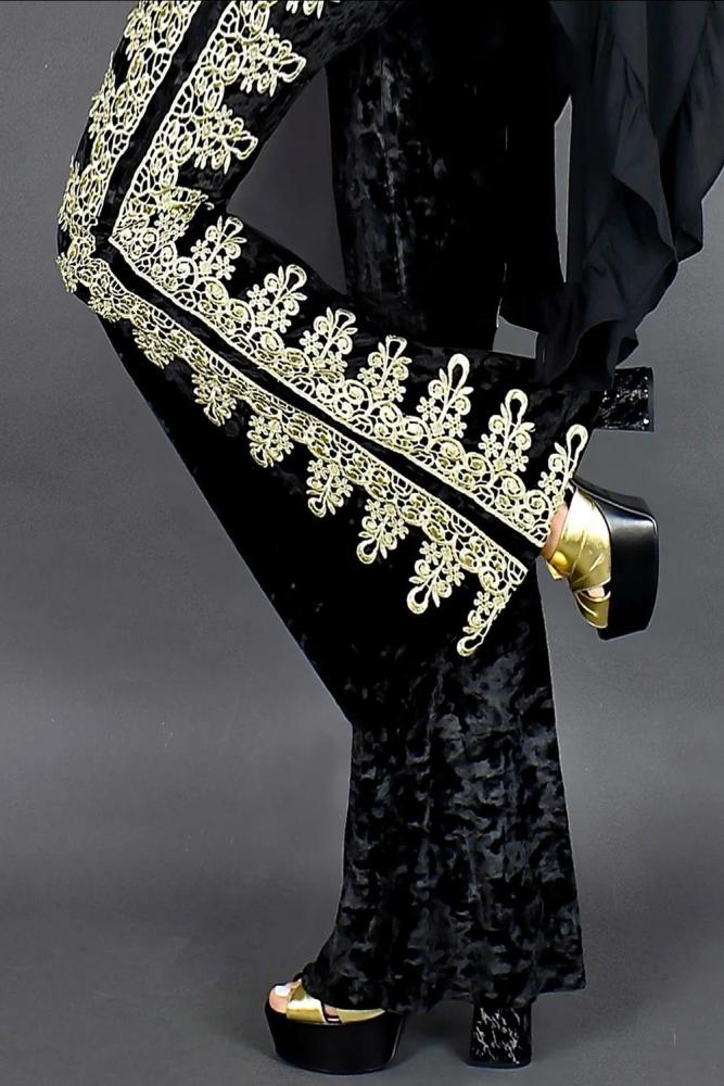Gold Lace Stitching Velvet Flare Pants