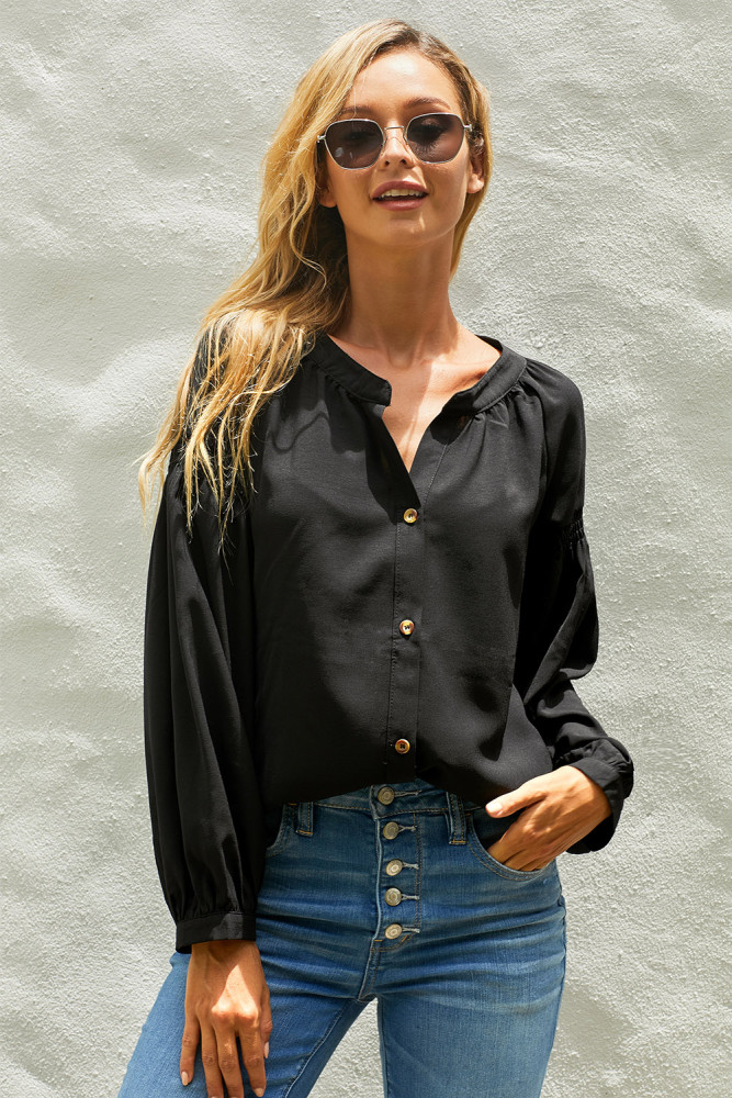 Black Inspired Button Down Peasant Top