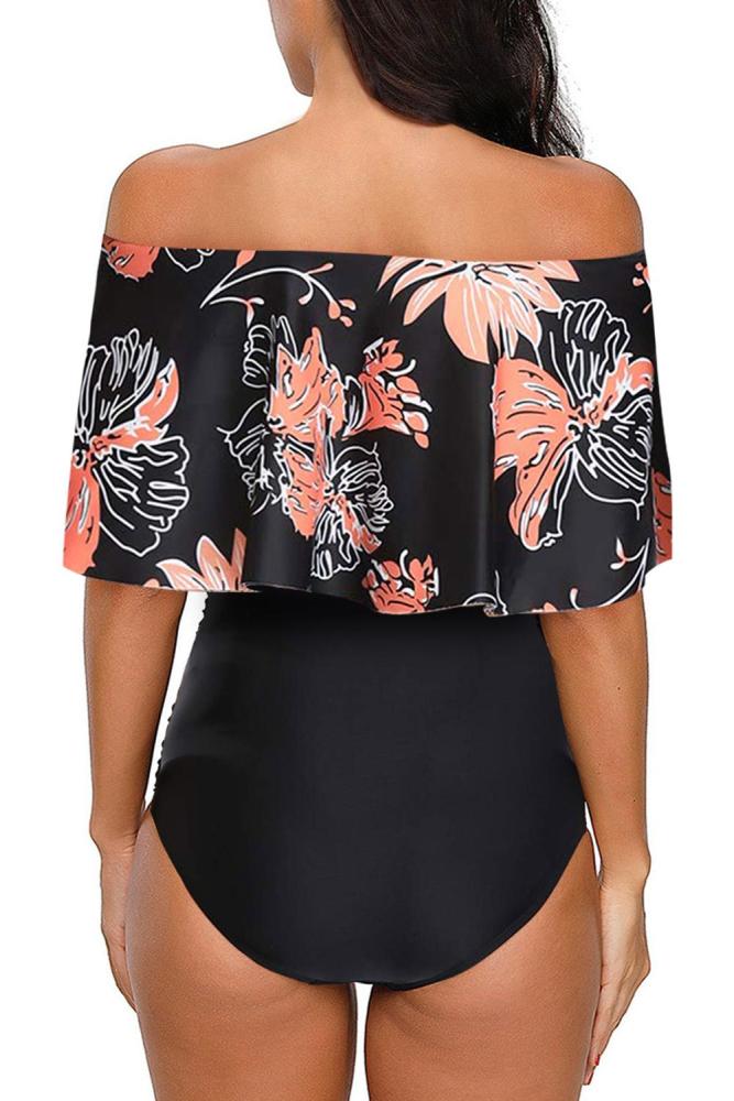 Black Printed Off Shoulder Flounce Overlay One-piece Swimwear