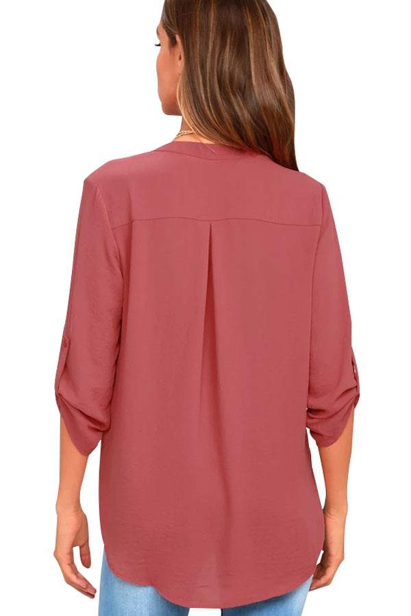 Rusty Rose V Neck Knotted Button-up Sleeve Blouse