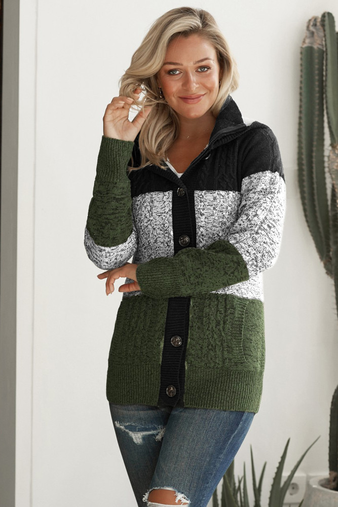 Green Hooded Button Cable Knit Cardigan