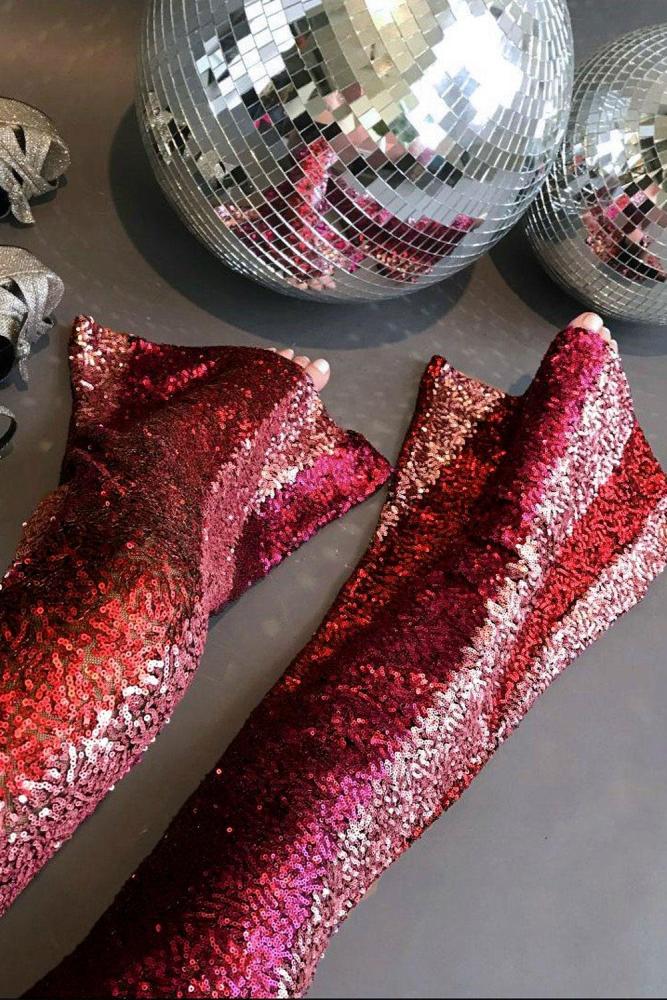 Red Color Block Sequin Wide Leg Pants