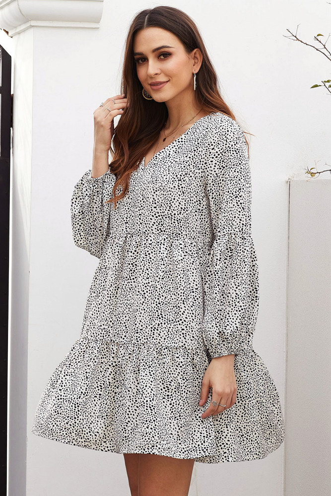 White Leopard Ruffle V-Neck Flowy Loose Tunic Dress
