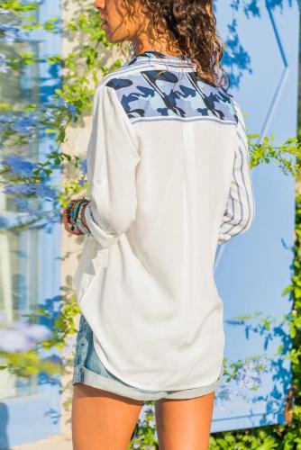 Sky Blue Casual Roll-up Sleeve Stripe Pocket Loose Shirt