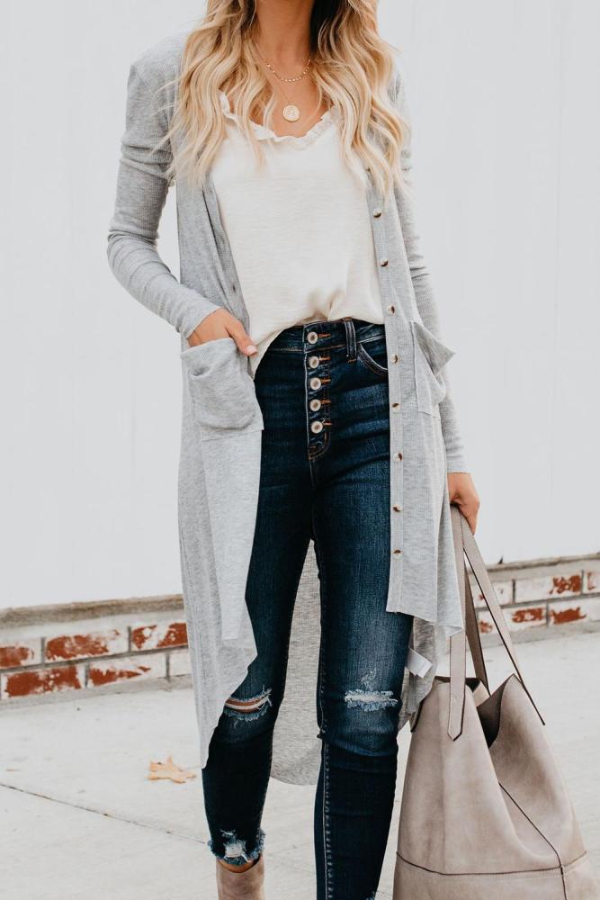 Light Gray Selected Button Down Pocketed High Low Cardigan