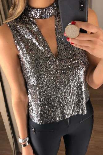 Deep V Cut Hollow-out Choker Neck Sequin Vest