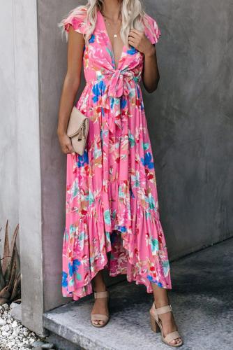Rose Floral High Low Pocketed Tie Maxi Dress
