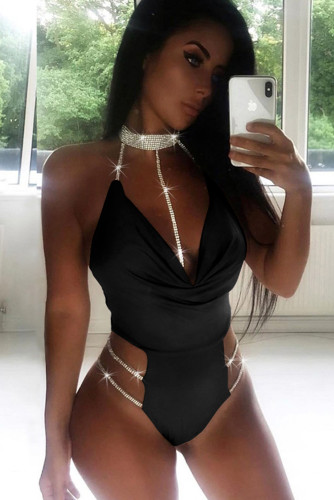 Black Rhinesstone Choker Strappy One-piece Swimwear