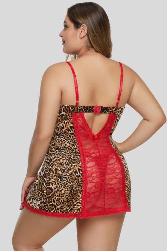 Red Leopard Animal Print Floral Lace Chemise