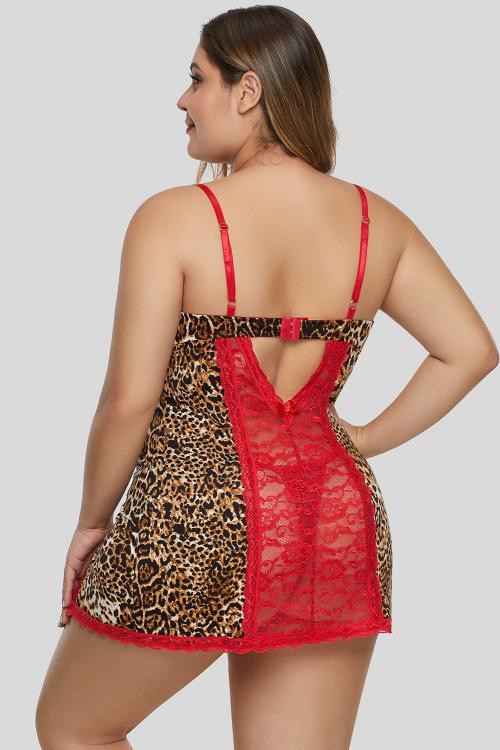 Red Leopard Animal Print Floral Lace Chemise