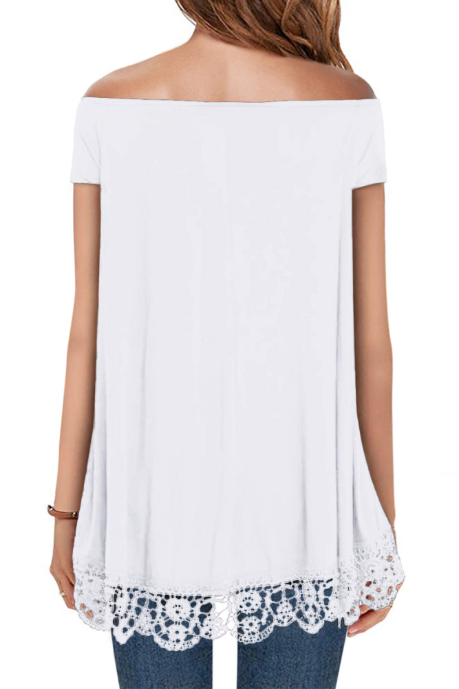 White Off Shoulder A-Line Lace Trim Blouse