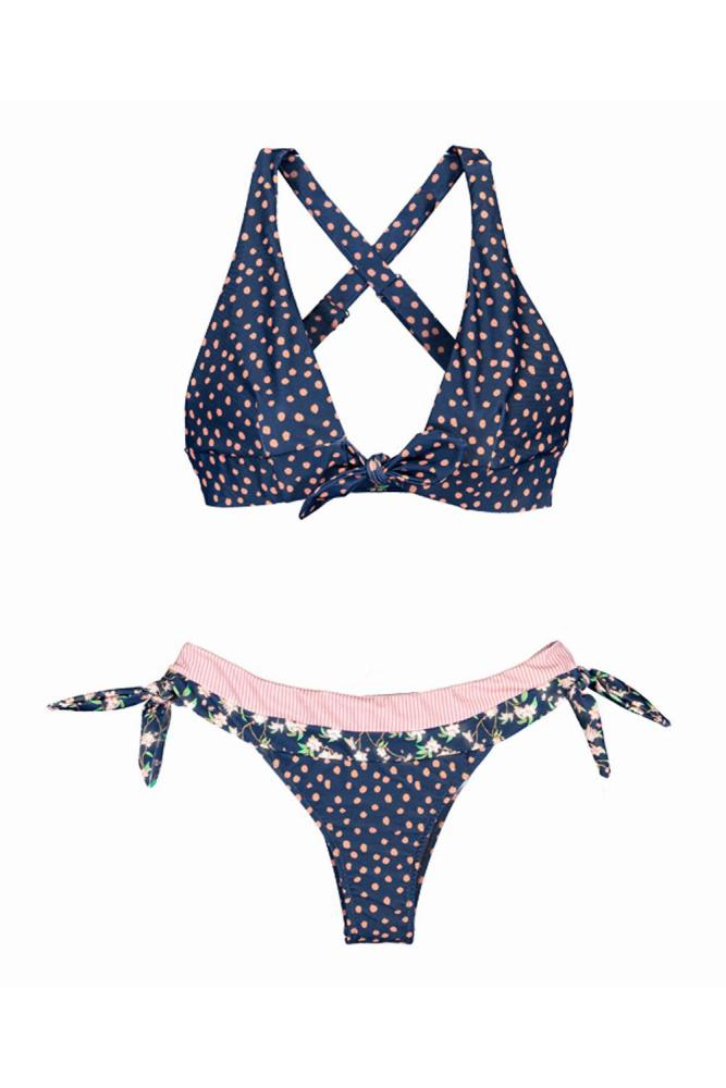 Blue Print Knotted Halter Neck Criss Cross Back Bikini Swimsuit