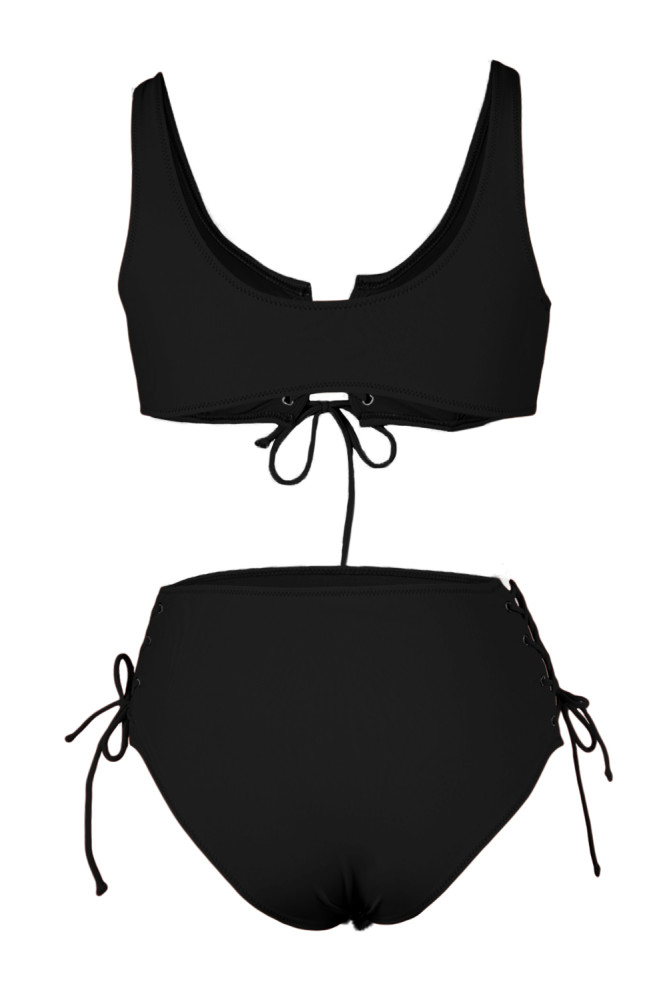 Black Lace-up High Waist Bikini