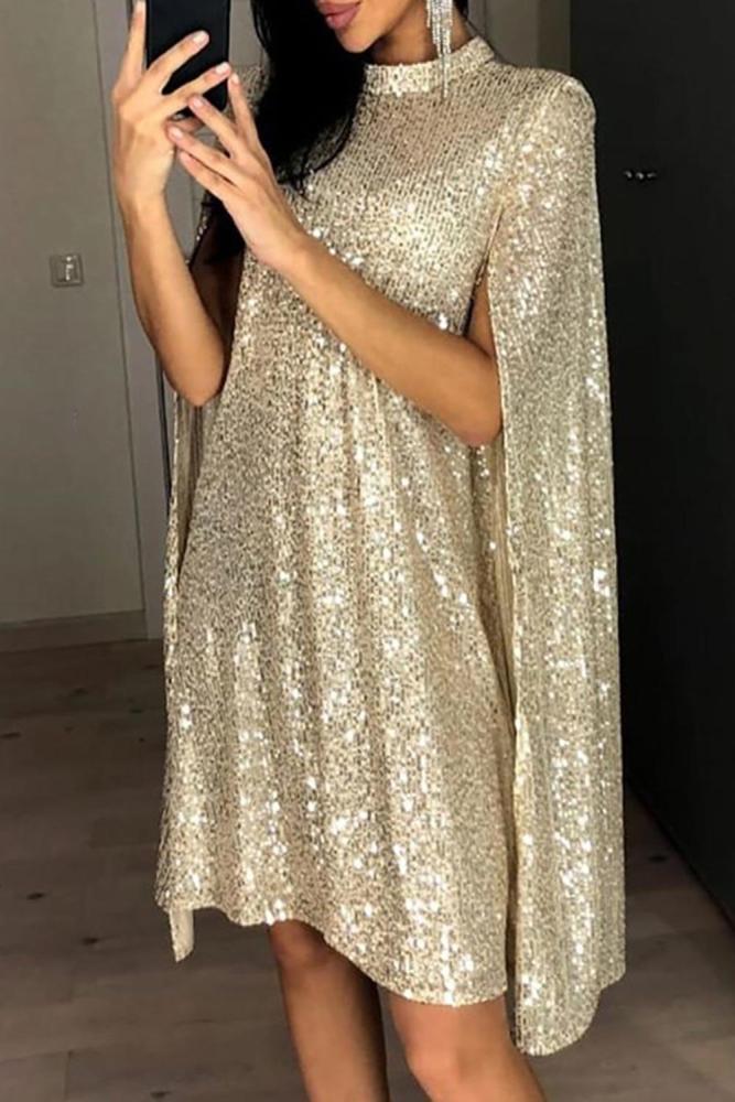 Apricot Glitter Mock Neck Cape Design Sequins Dress