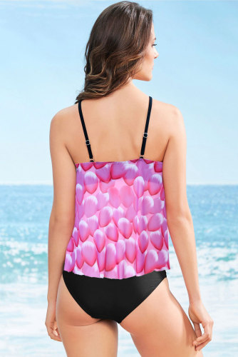 Rose Mesh Petal Print Top Tankini Swimsuit