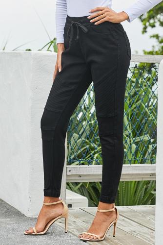 Black Elastic Waistband Drawstring Denim Pants