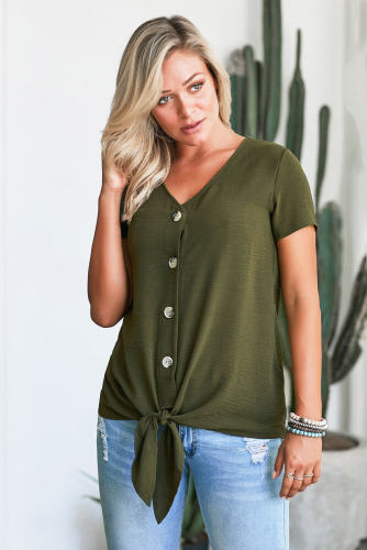 Green Button up Front Tie Detail Woven Top