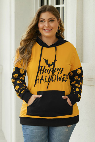 Banded Long Sleeve Kangaroo Pocket Halloween Plus Size Hoodie