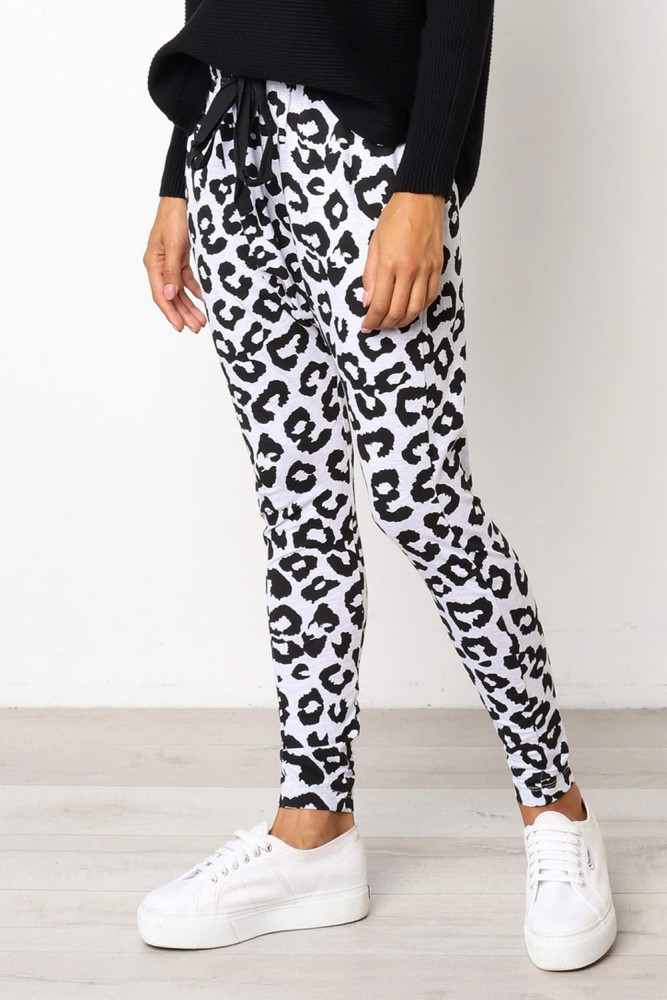 White Leopard Print Drop Crotch Casual Pants