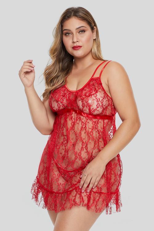 Red Floral Lace Plus Size Lingerie Set