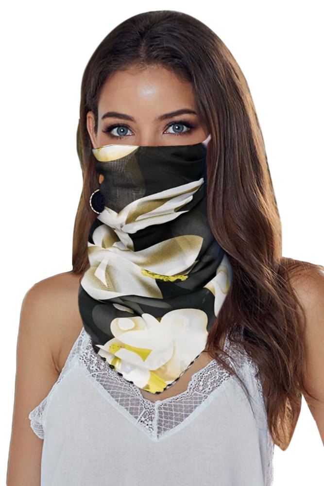 Black Floral Print Protection Scarf Face Mask
