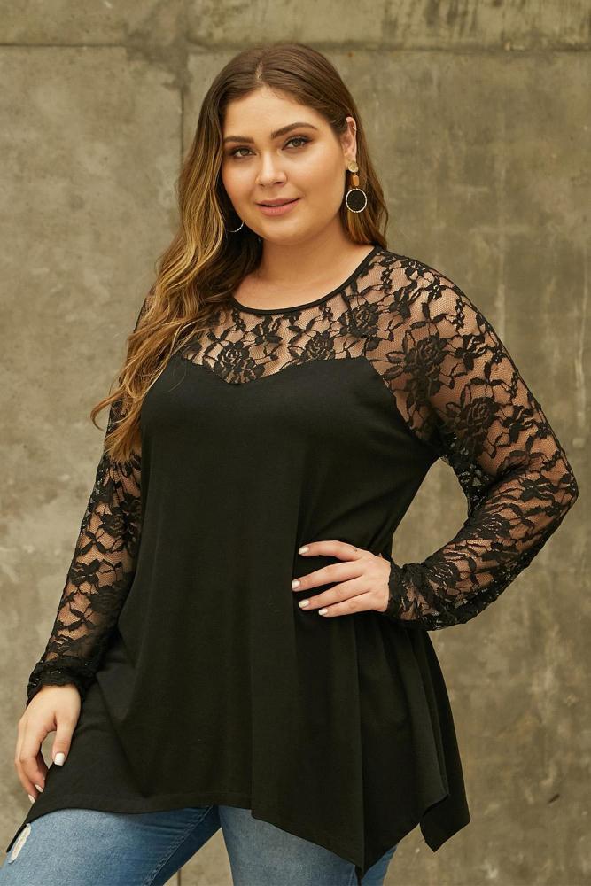 Black Plus Size Lace Yoke Stitching Asymmetic Hemline Top