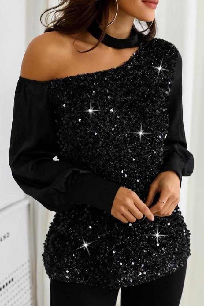 Choker Cut Out Shoulder Sequin Top