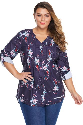 Purple Floral Pintuck Plus Size Blouse