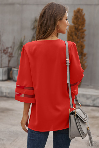 Red Flare Sleeve V Neck Button Down Blouse