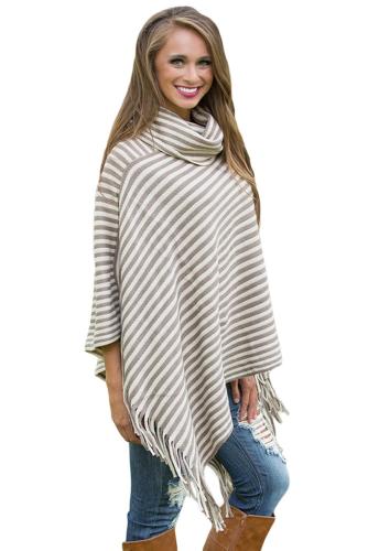 Khaki White Stripes Cowl Neck Poncho Sweater