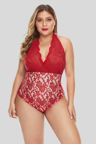 Red Plus Size Deep V Neck Floral Lace Lined Bodysuit